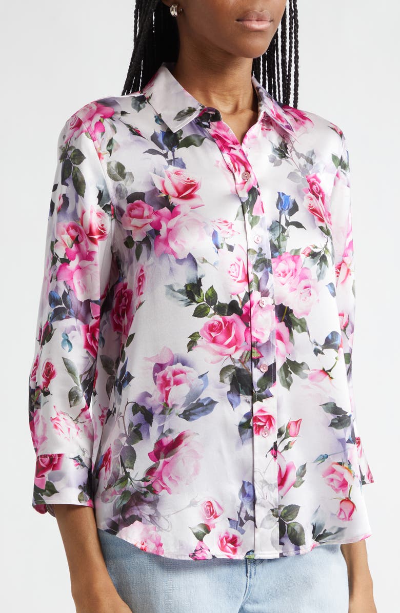 L'AGENCE Dani Floral Print Three-Quarter Sleeve Silk Button-Up Shirt, Alternate, color, Pink Multi Water Rose