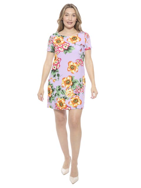 Womens FLoral Short Sleeve Round Neck Mini Shift Dress