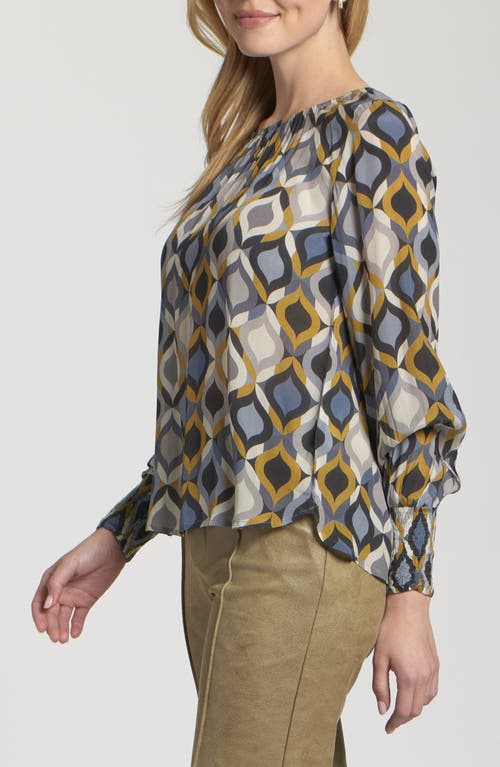 Apny Printed Smocked Cuff Top In Blue