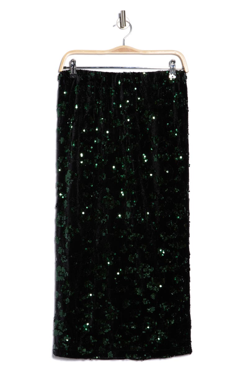 T Tahari Sequin Pull-On Midi Skirt, Alternate, color, Black/ Emerald Sequins