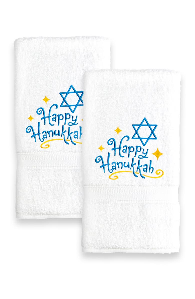 Linum Home Textiles Happy Hanukkah Embroidered Hand Towels - Set of 2, Main, color, 
