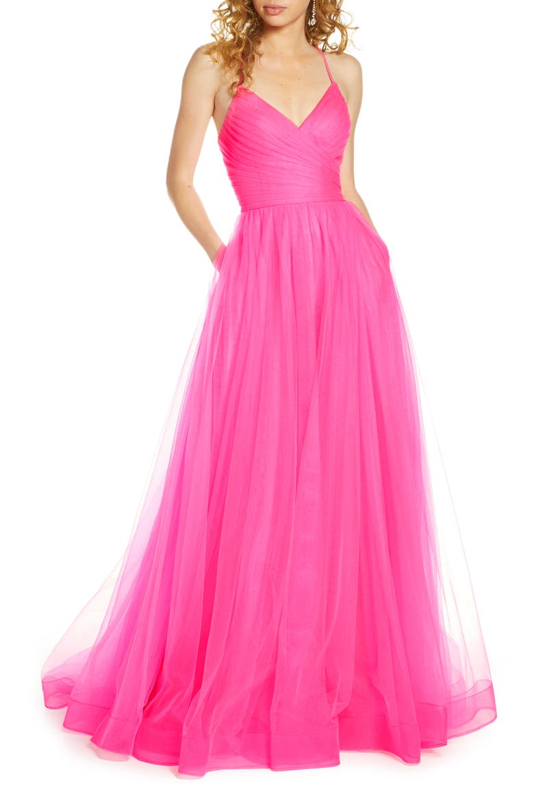 Long Tulle A-line Gown with Side Slit and Pockets, Main, color, NEON PINK