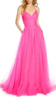 La Femme Long Tulle A-line Gown with Side Slit and Pockets