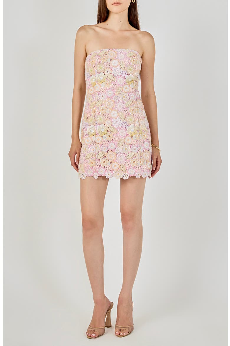 Floral Rhinestone Lace Strapless Minidress, Main, color, PINK MULTI COLOR