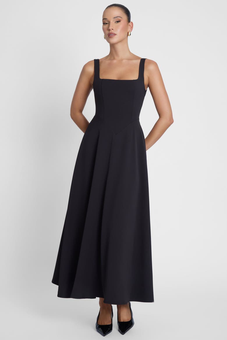 Serenity Square Neck Corset Midi Dress, Alternate, color, Black