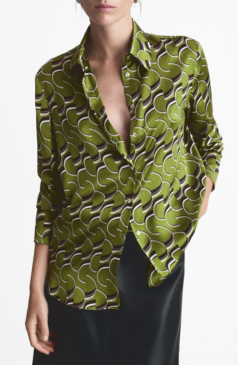 MANGO Geo Print Satin Button-Up Shirt, Main, color,