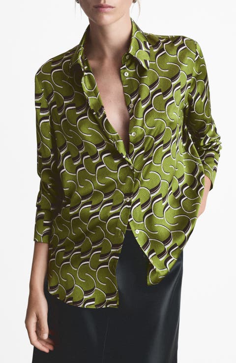 Geo Print Satin Button-Up Shirt