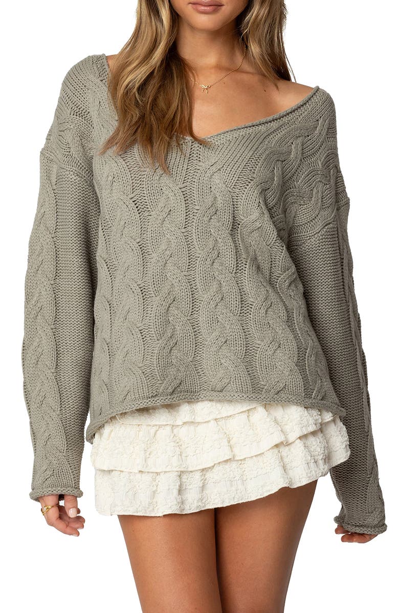 EDIKTED Inga Oversize Cable Knit Sweater, Main, color, Olive