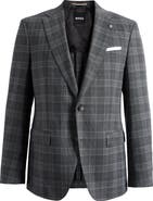 BOSS Hutson Slim Fit Light Blue Windowpane Check Slub Sport Coat