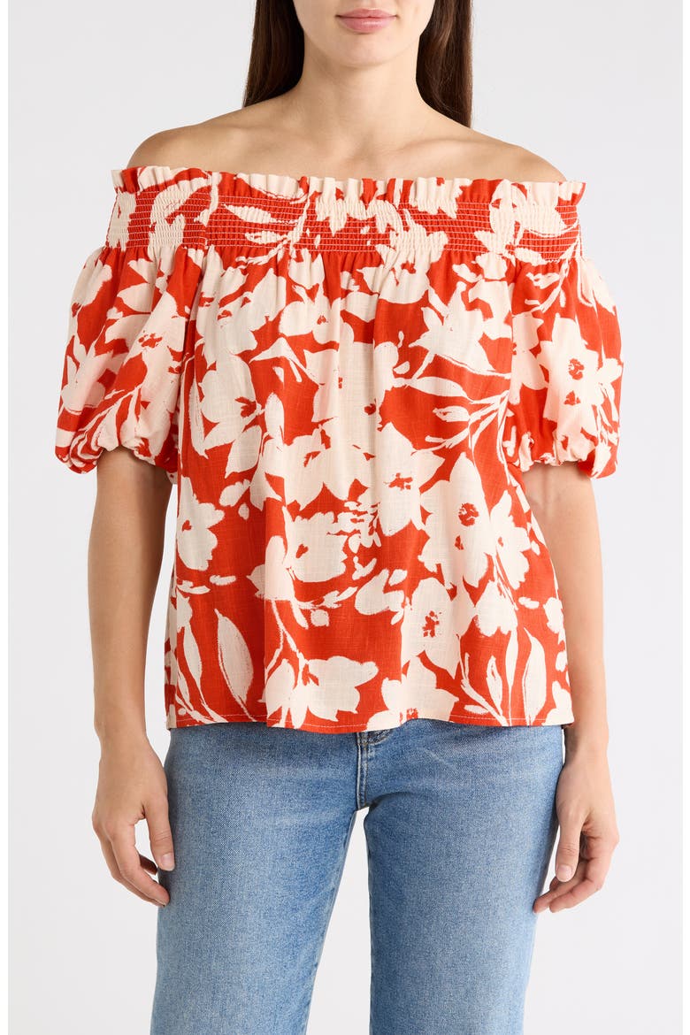 Floral Off-the-Shoulder Puff Sleeve Top, Main, color, FLAME SCARLET