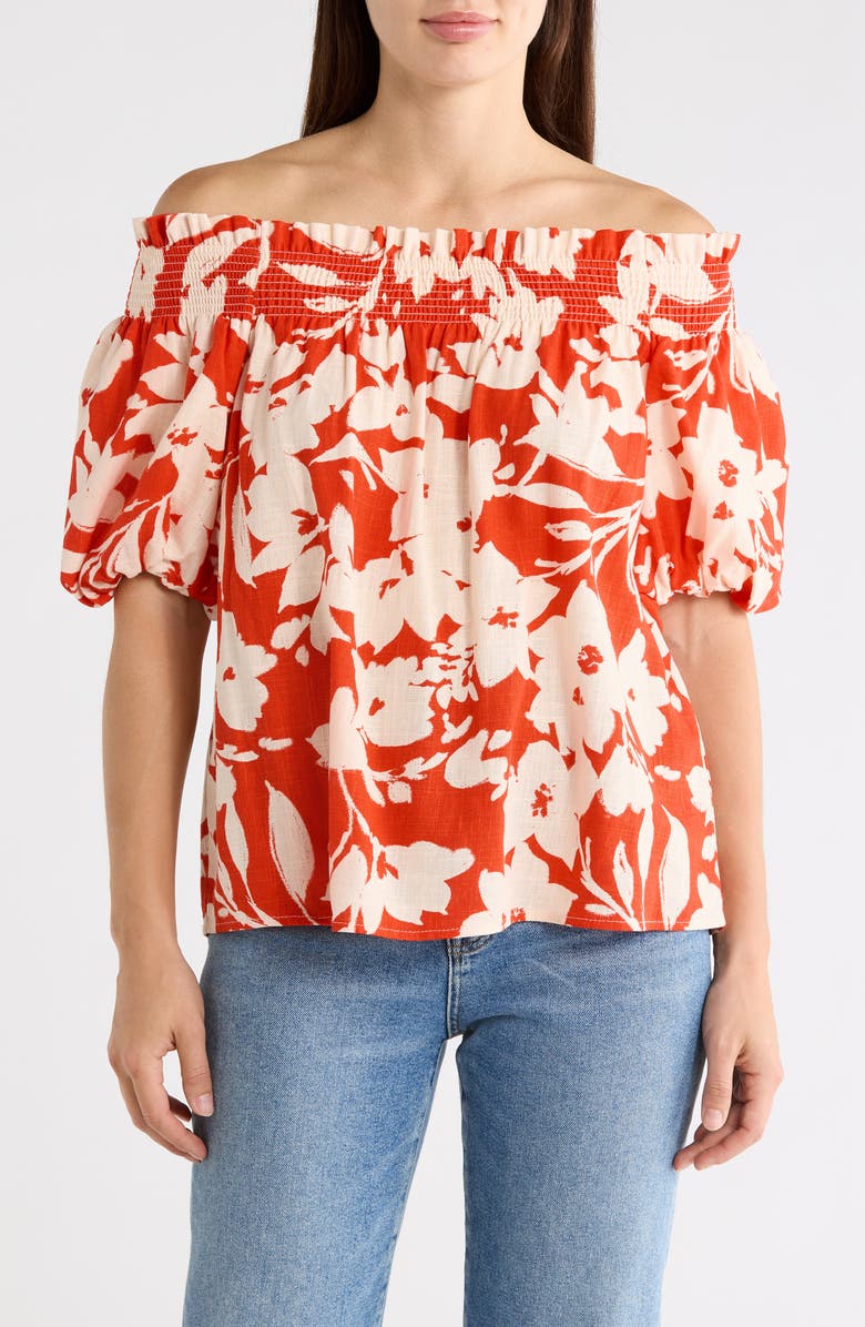 CeCe Floral Off-the-Shoulder Puff Sleeve Top, Main, color, Flame Scarlet