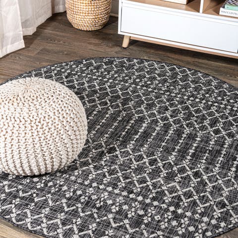 Ourika Moroccan Geometric Textured Weave Indoor/Outdoor Round Area Rug