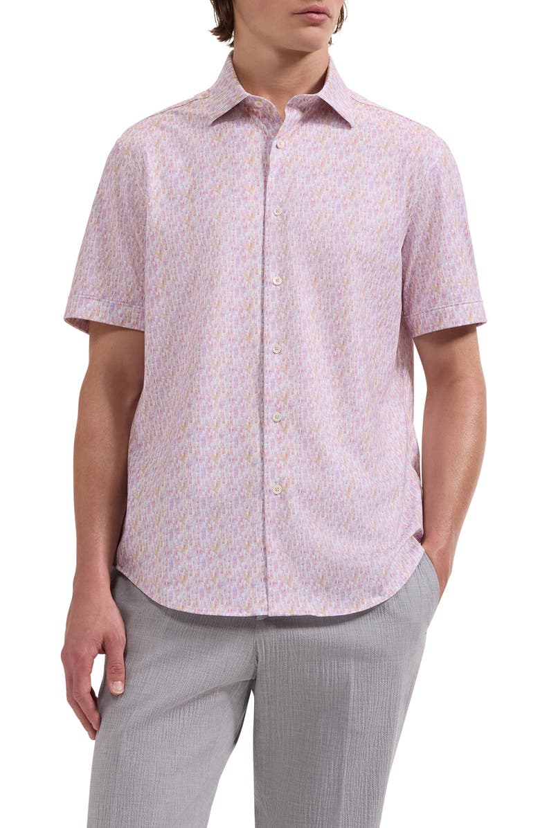 Bugatchi Miles OoohCotton<sup>®</sup> Watercolor Wine Print Short Sleeve Button-Up Shirt, Main, color, Prawn