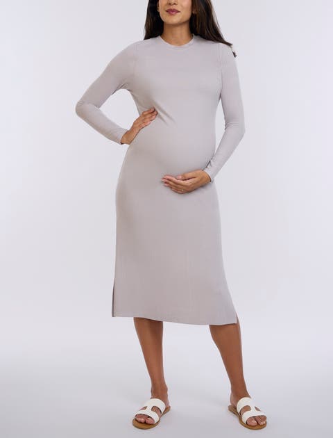 Crew Neck Rib Knit Long Sleeve Column Dress