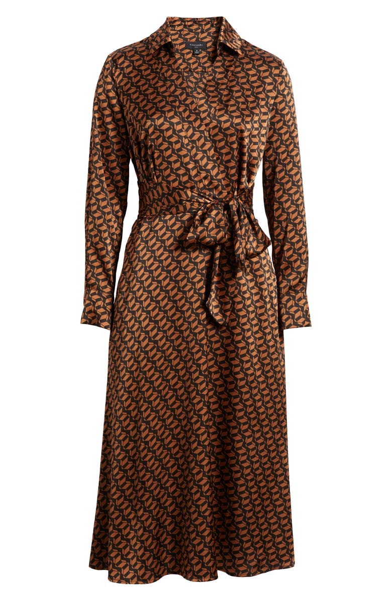 Tahari ASL Printed Long Sleeve Faux Wrap Matte Satin Shirtdress, Alternate, color, Tawny Chocolate