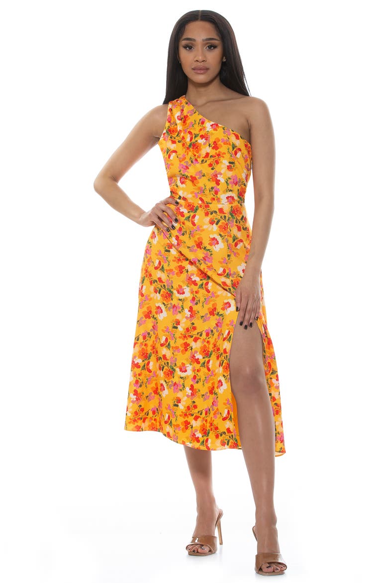 Fay One Shoulder Fit & Flare Midi Dress, Alternate, color, YELLOW WATERCOLOR