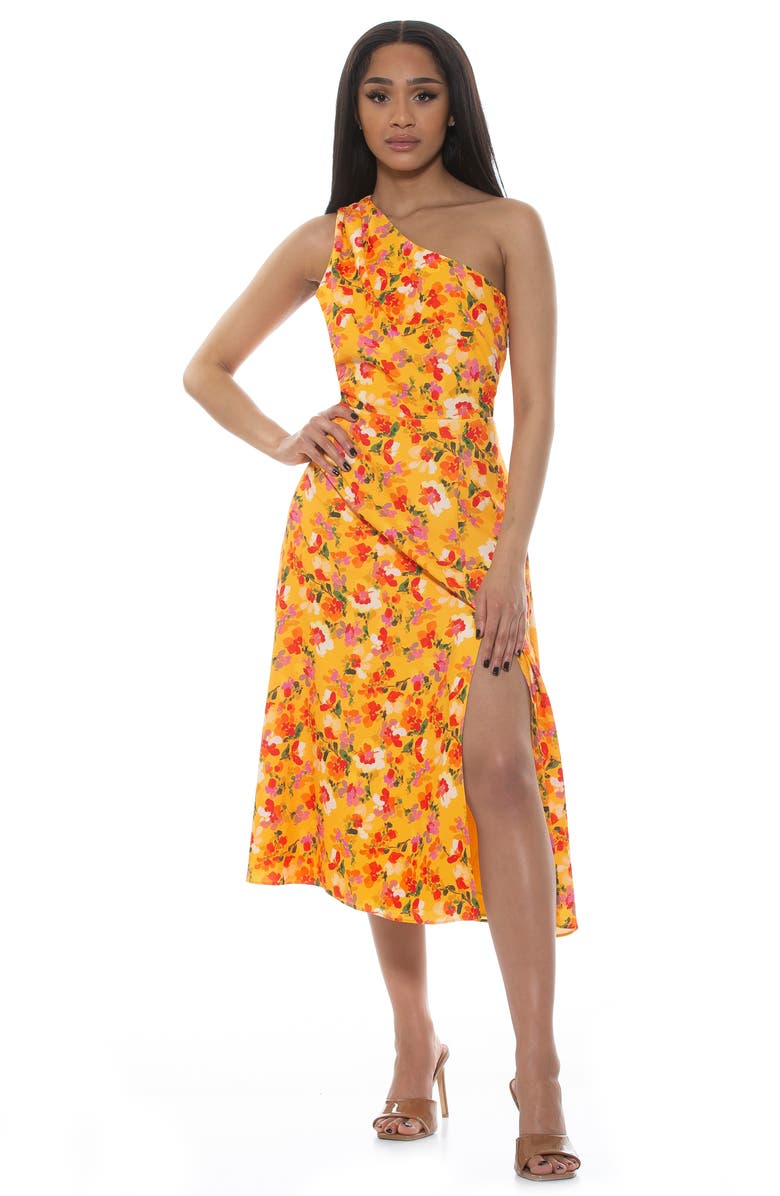Alexia Admor Fay One Shoulder Fit & Flare Midi Dress, Alternate, color, Yellow Watercolor