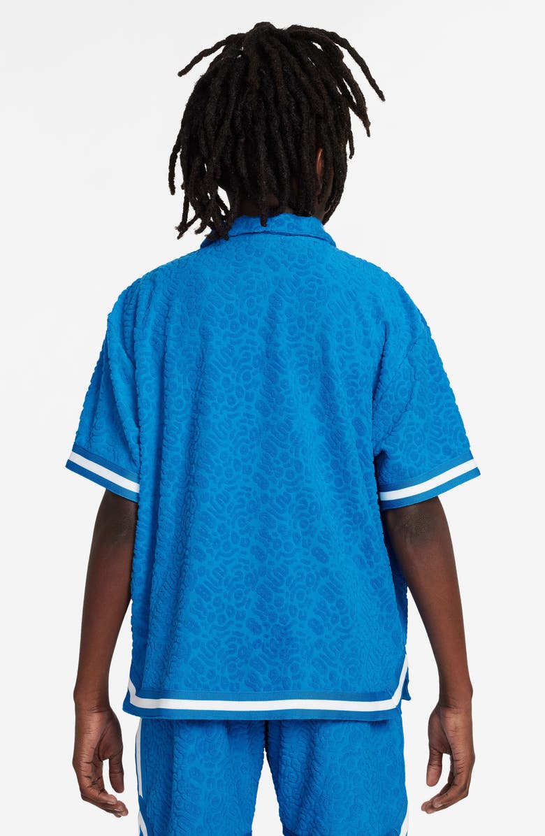 Nike Kids' Culture of Basketball Oversize Textured Short Sleeve Snap-Up Shirt, Alternate, color, Photo Blue/ White