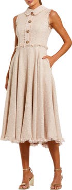 Mac Duggal Bouclé Sleeveless Collared Button Up Midi Dress