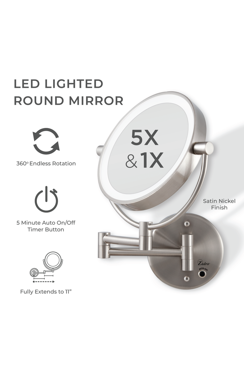 Zadro Lighted Wall Mounted Makeup Mirror with 5X/1X Magnification & Cordless, Alternate, color, Satin Nickel