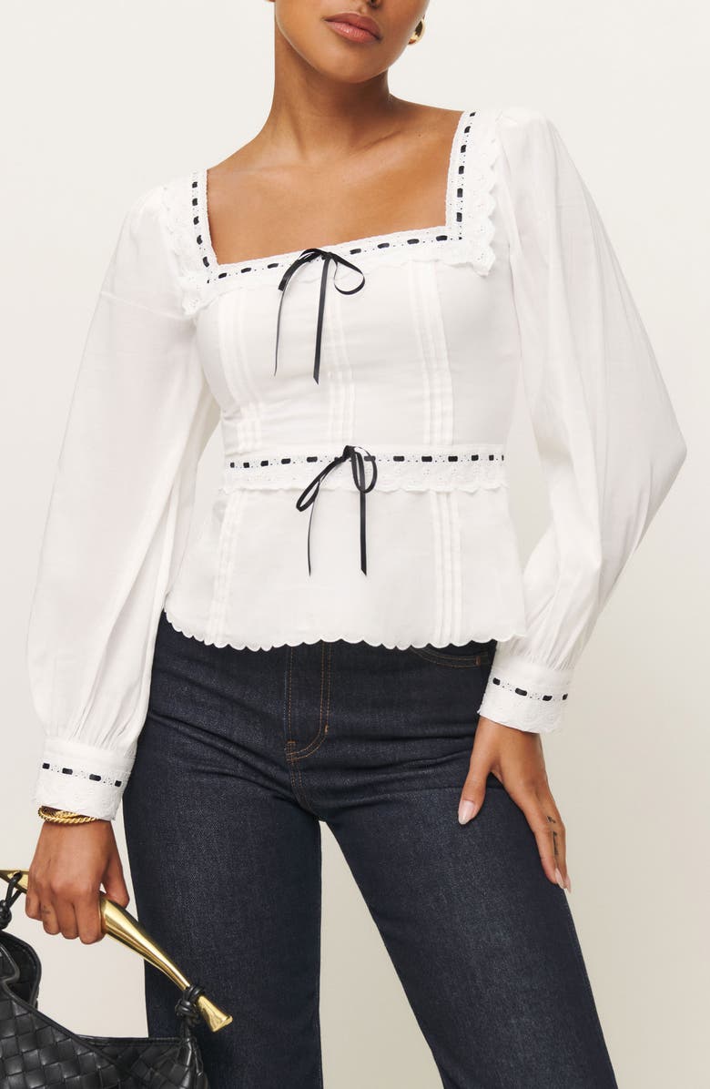 Reformation Haisley Ribbon Accent Organic Cotton Peplum Top, Main, color, 