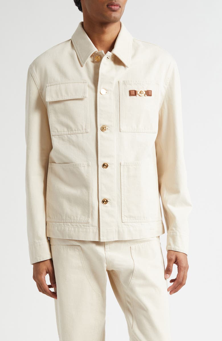 Versace Medusa Biggie Carpenter Denim Jacket, Main, color, Ecru