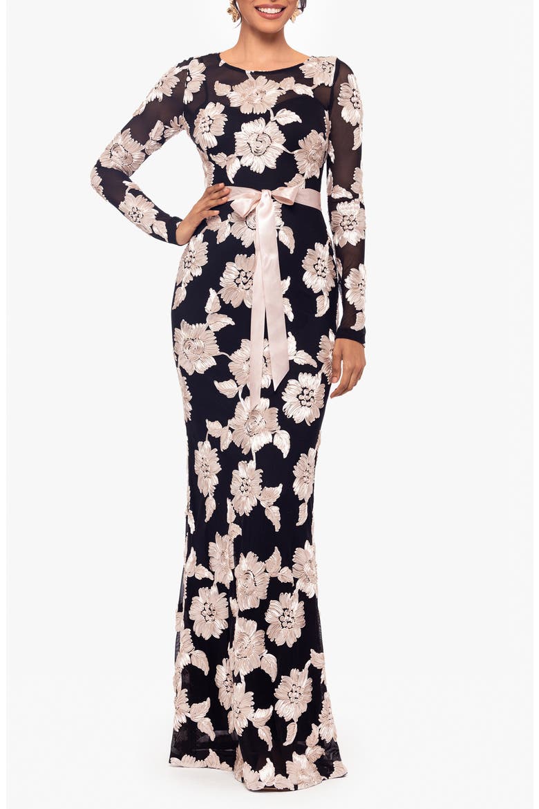 Soutache Long Sleeve Mesh Gown, Main, color, BLACK/ CHAMPAGNE