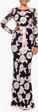 Betsy & Adam Soutache Long Sleeve Mesh Gown