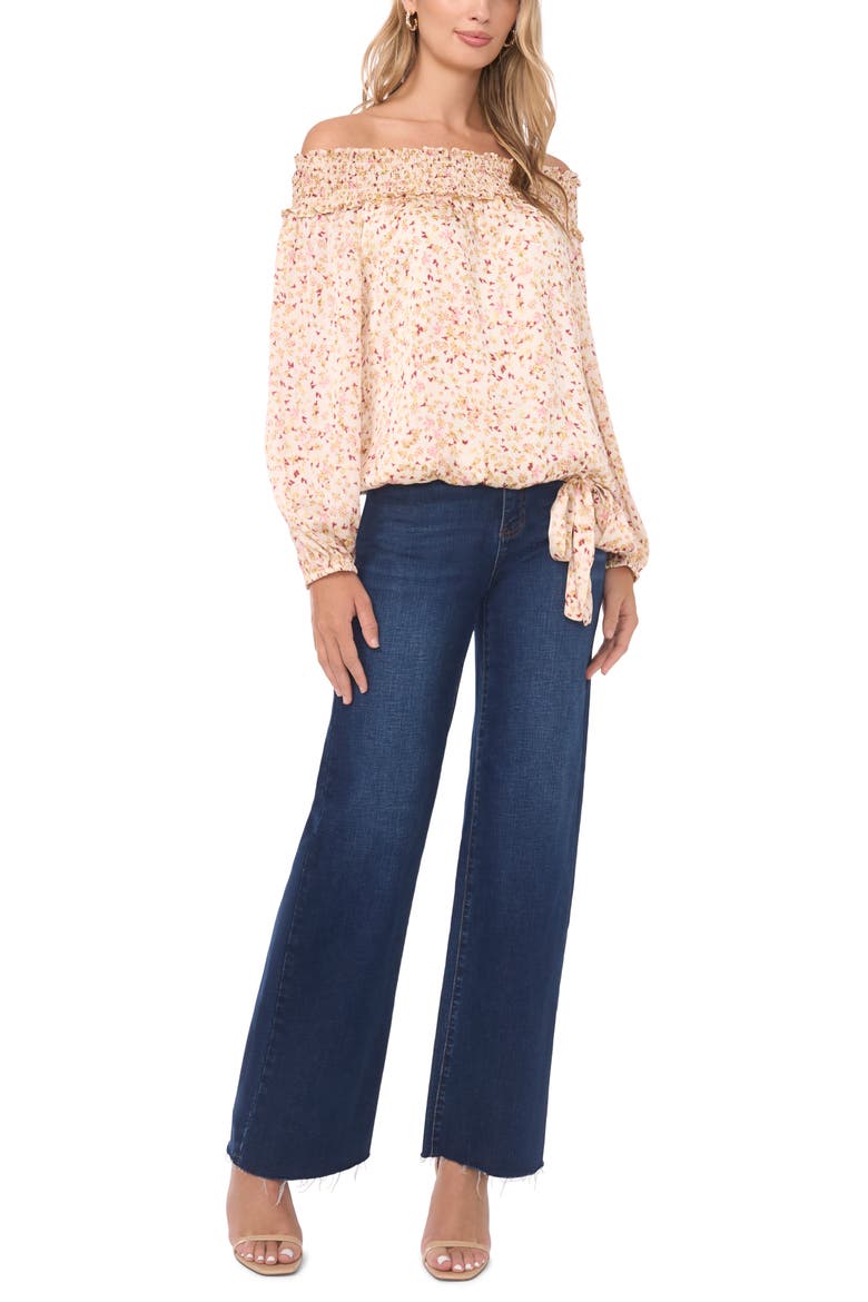 Print Tie Hem Off the Shoulder Top, Alternate, color, BIRCH