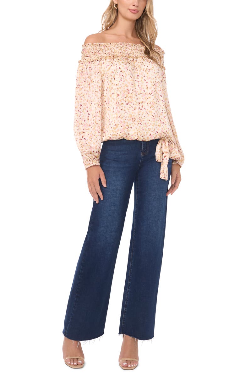 Vince Camuto Print Tie Hem Off the Shoulder Top, Alternate, color, Birch