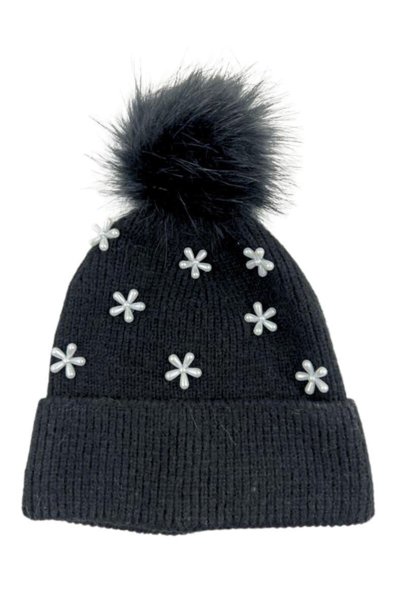 Pearl Flower Faux Fur Pompom Beanie, Main, color, BLACK