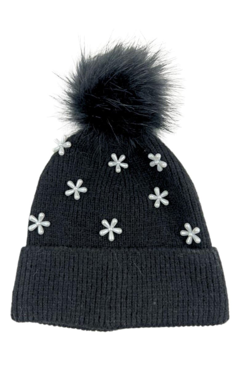 MARCUS ADLER Pearl Flower Faux Fur Pompom Beanie, Main, color, Black