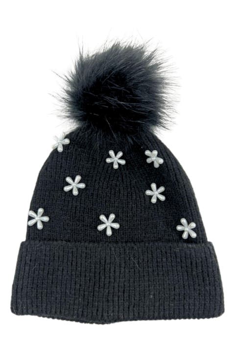 Pearl Flower Faux Fur Pompom Beanie