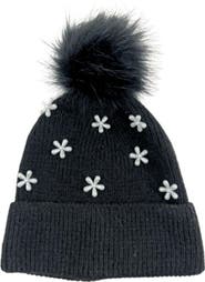MARCUS ADLER Pearl Flower Faux Fur Pompom Beanie