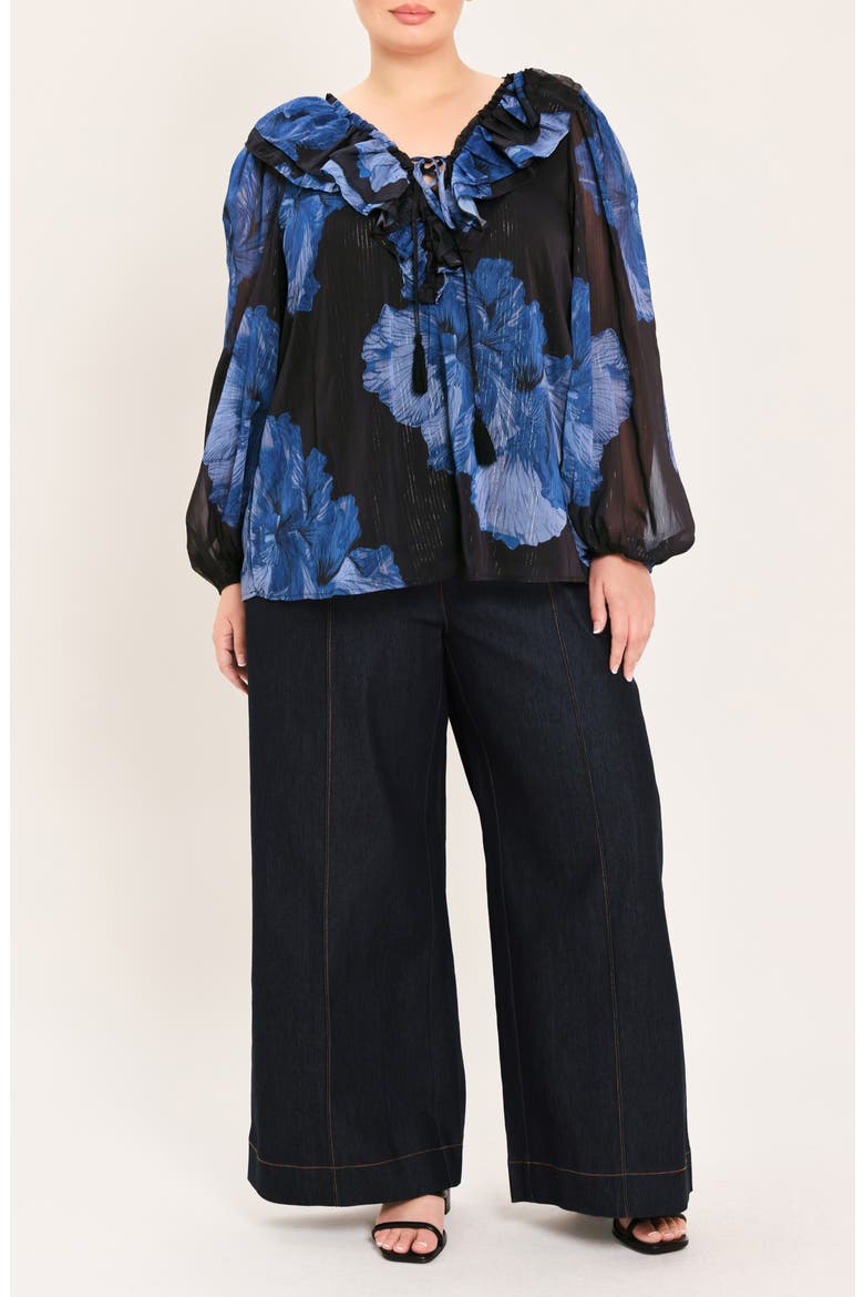 Ruffle Floral Print Balloon Sleeve Top, Alternate, color, BLACK / BLUE