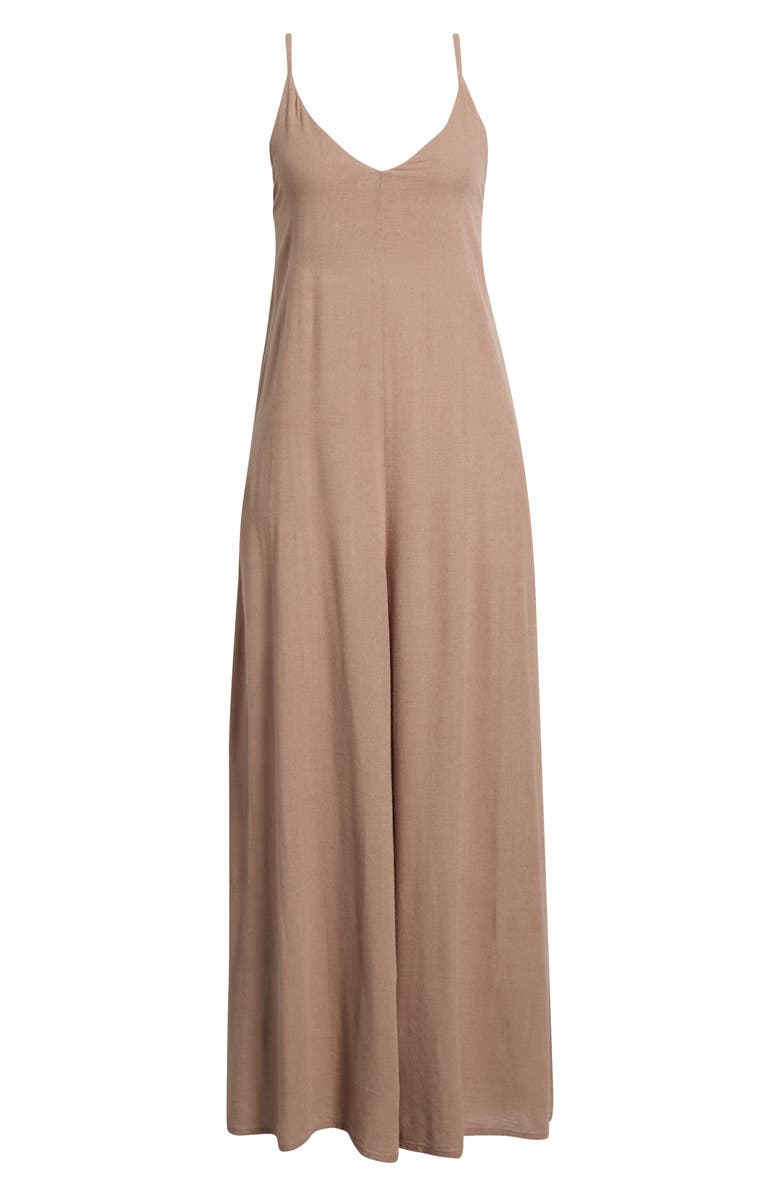 Elan Wide Leg Cotton & Linen Blend Cover-Up Jumpsuit, Alternate, color, Brown
