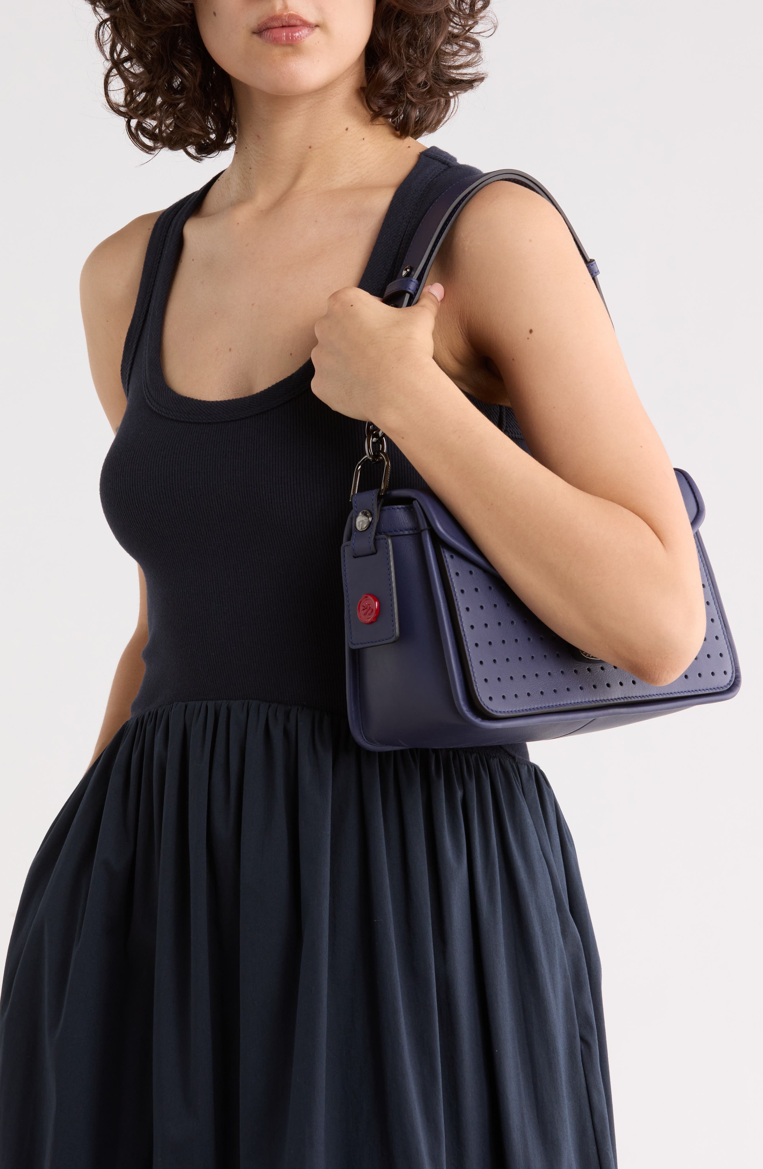 Mademoiselle Medium Leather Satchel, Alternate, color, NAVY