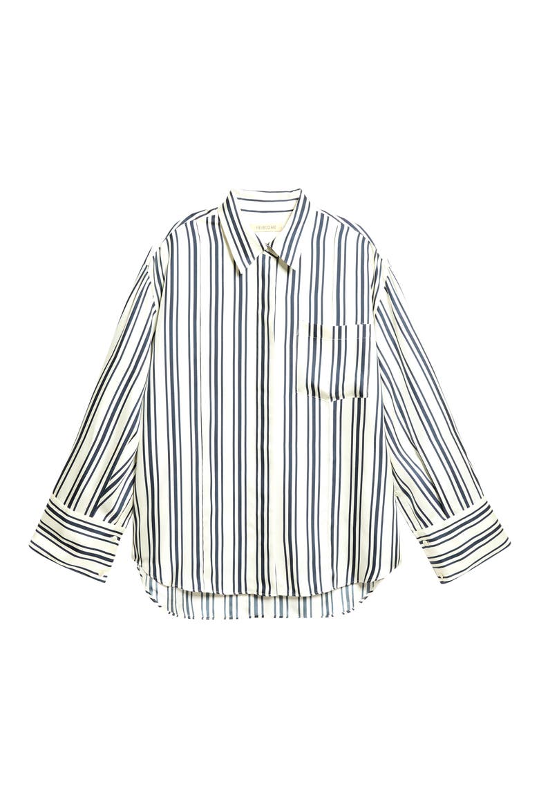 Frances Stripe Silk Button-Up Shirt, Main, color, IVORY/ NAVY STRIPE