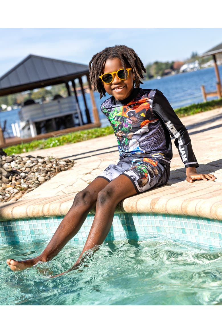 2-Piece Swimwear Rash Guard and Swim Trunks Set, Alternate, color, Monster Jam Black