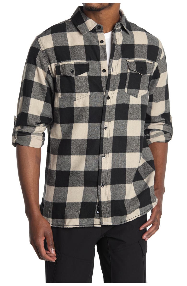 BURNSIDE Plaid Flannel Shirt, Alternate, color, Ecru Black