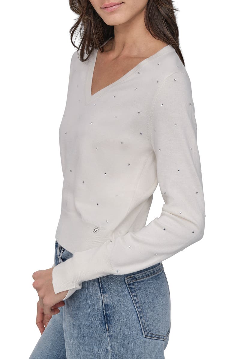 DKNY Jeans V-Neck Crystal Embellished Sweater, Alternate, color, Eggnog Heather