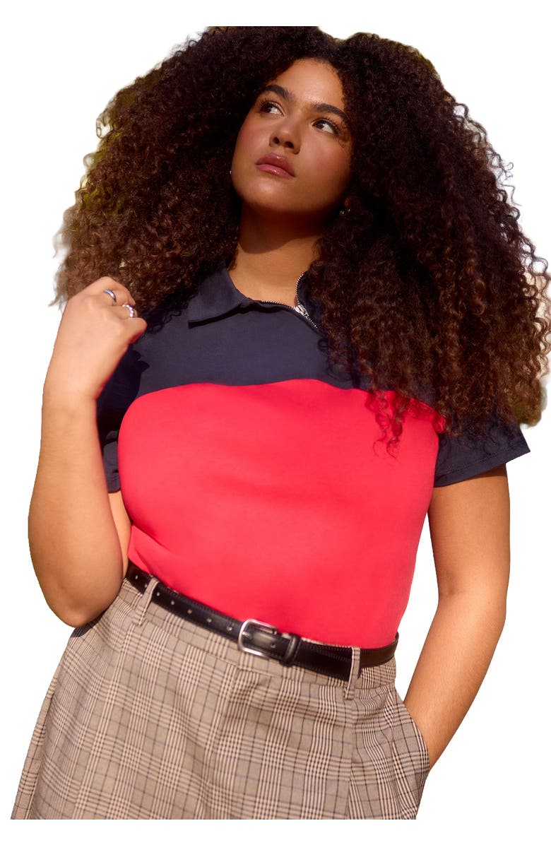 ELOQUII Asym Zipper Neck Polo Shirt, Main, color, Red And Navy