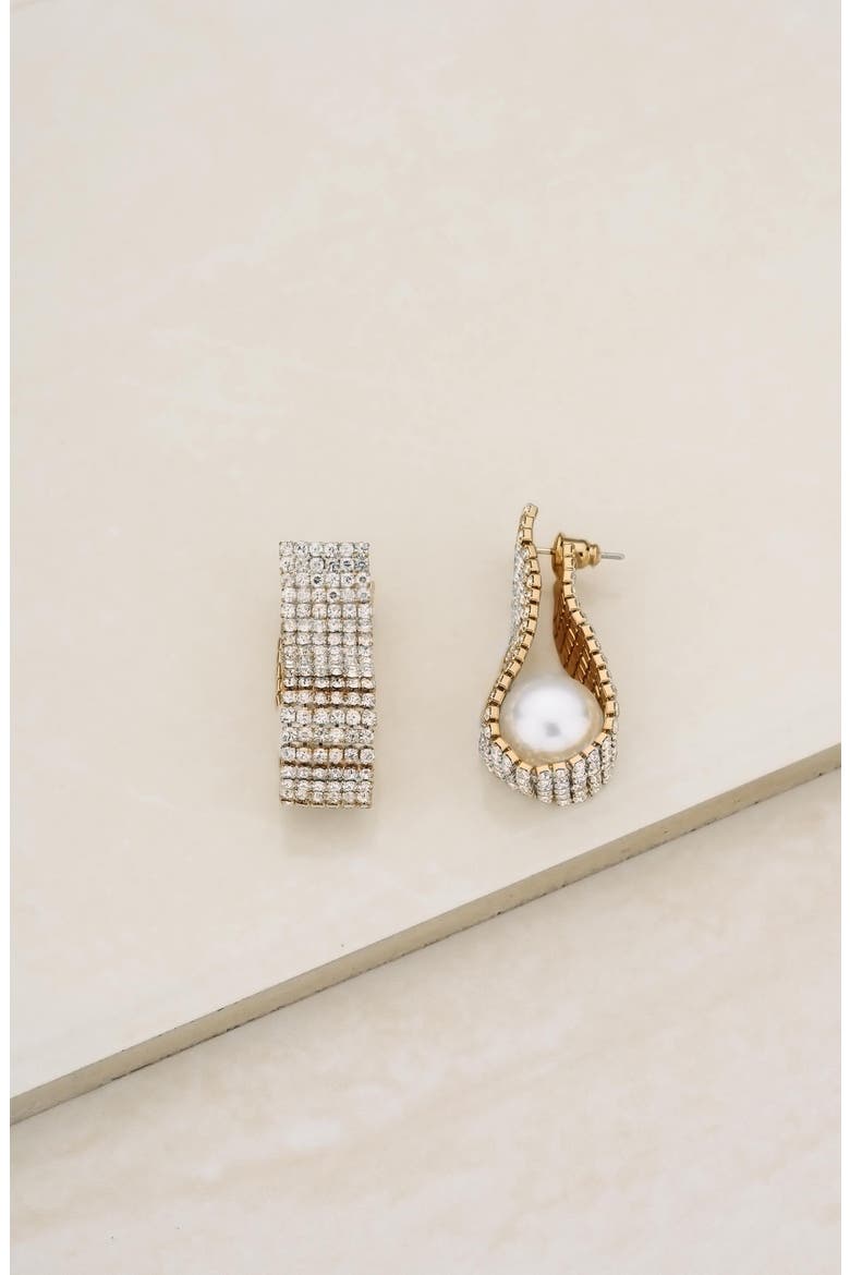 Pave Crystal & Imitation Pearl Front/Back Earrings, Alternate, color, GOLD