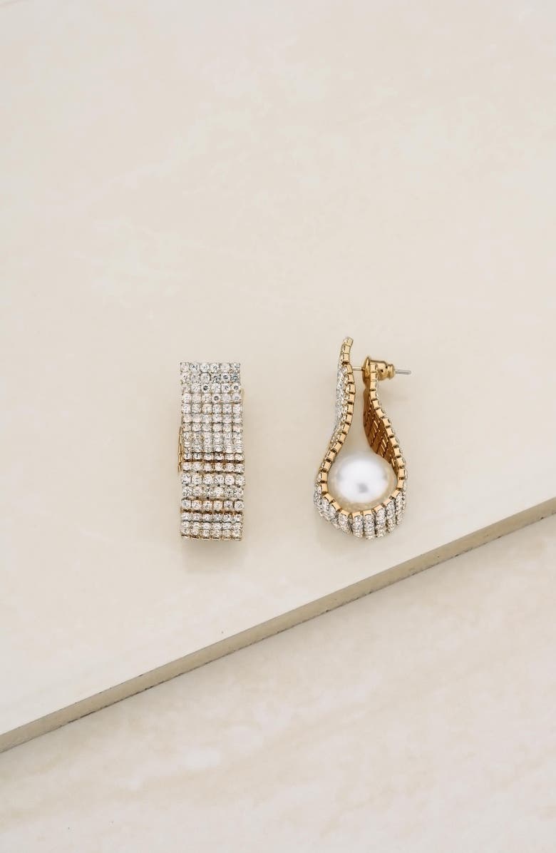 Ettika Pave Crystal & Imitation Pearl Front/Back Earrings, Alternate, color, Gold