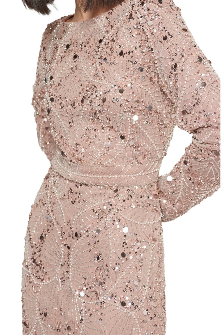 Modest Embellished Sequin Beaded Dress Maxi in Blush, Alternate, color, RUST