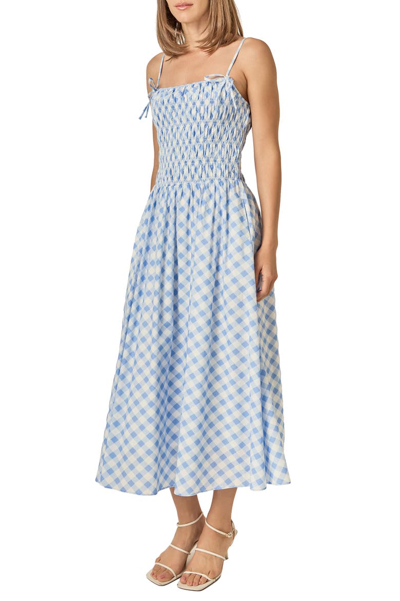 Checked Smocked Sleeveless Midi Dress, Alternate, color, POWDER BLUE