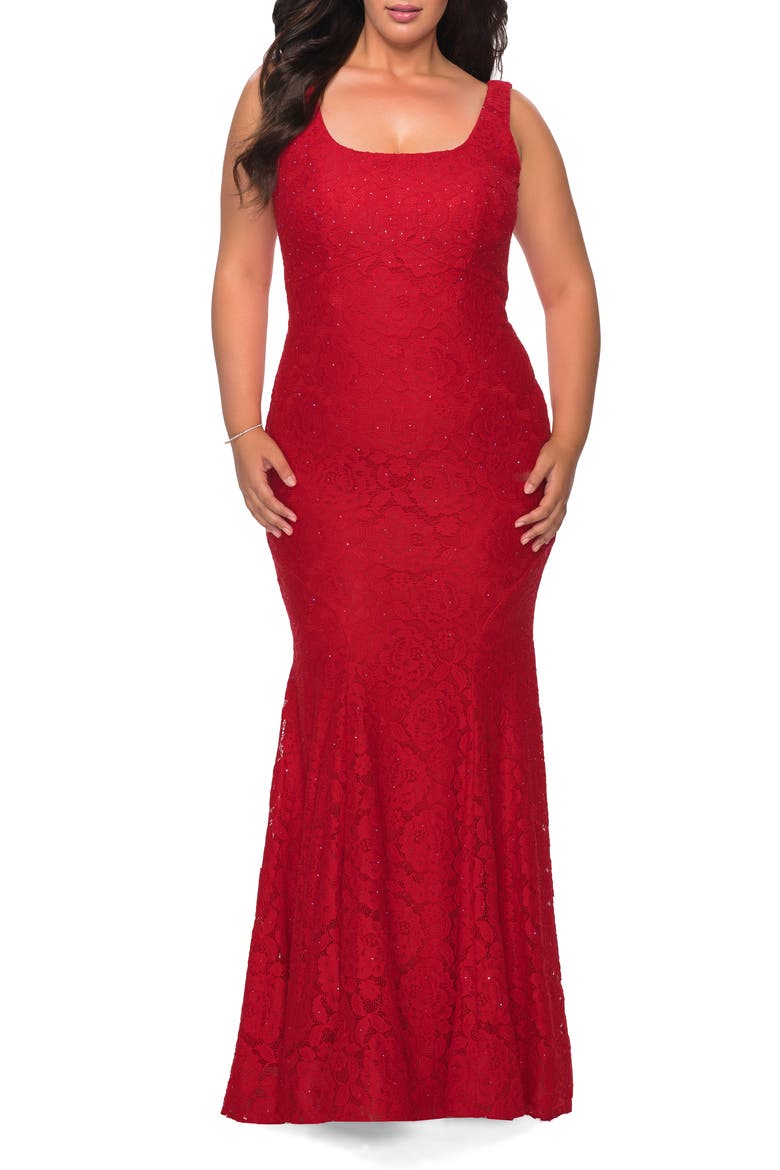 Stretch Lace Plus Size Gown with Beading, Main, color, Red