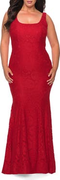 La Femme Stretch Lace Plus Size Gown with Beading
