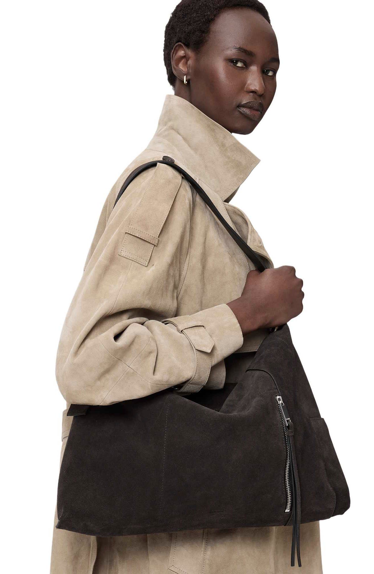 AllSaints Medium Alba Suede Shoulder Bag, Alternate, color, Bitter Brown