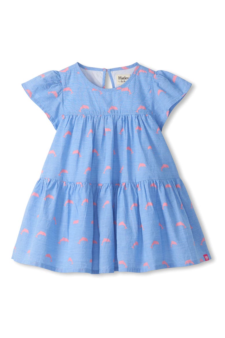 Kids' Pink Dolphin Print Cotton Tiered Dress, Main, color, FRENCH BLUE